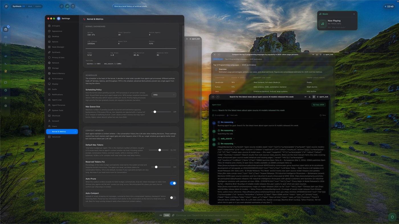 Synthesis OS inspect mode showing kernel metrics, sources, raw output, and an agent execution trace