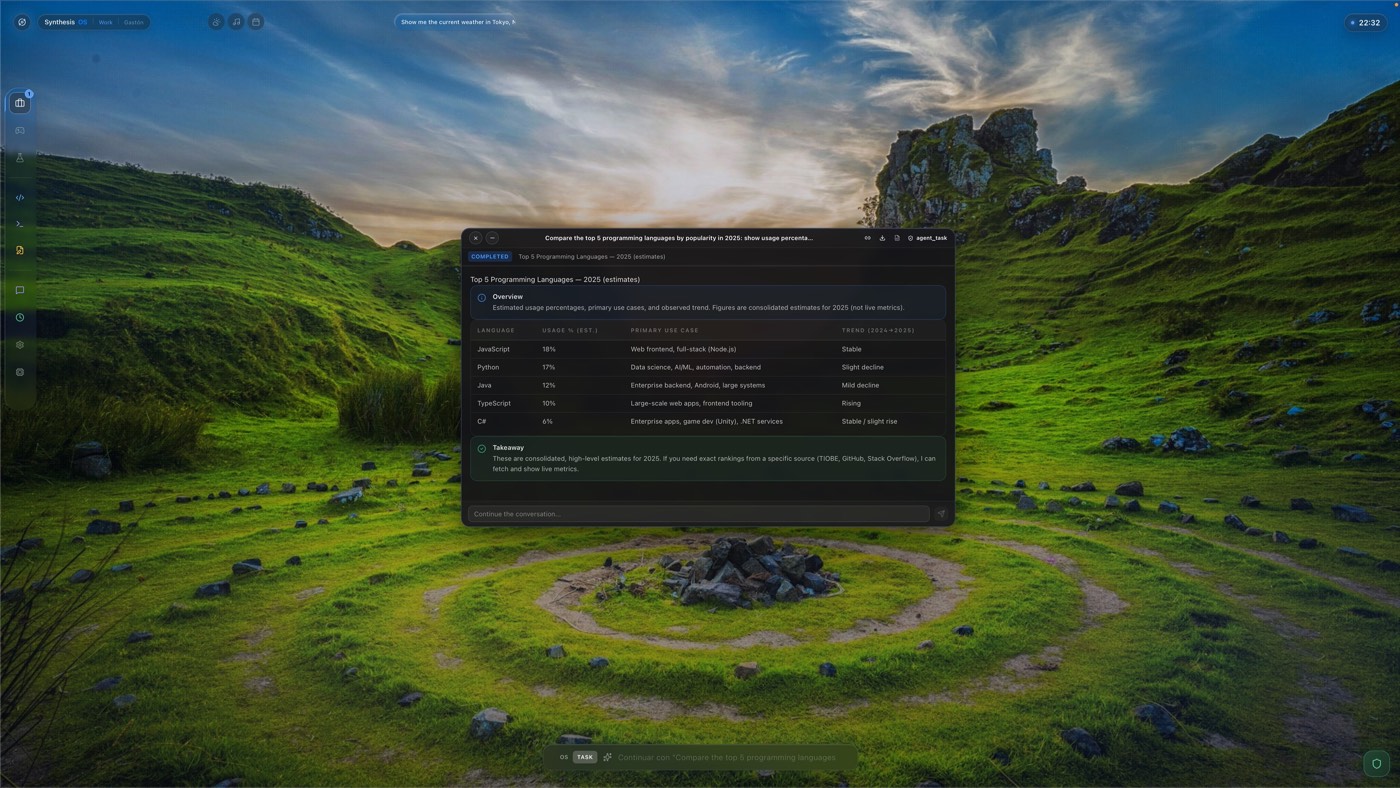 Synthesis OS Zen mode showing a completed research result as a focused card over the desktop